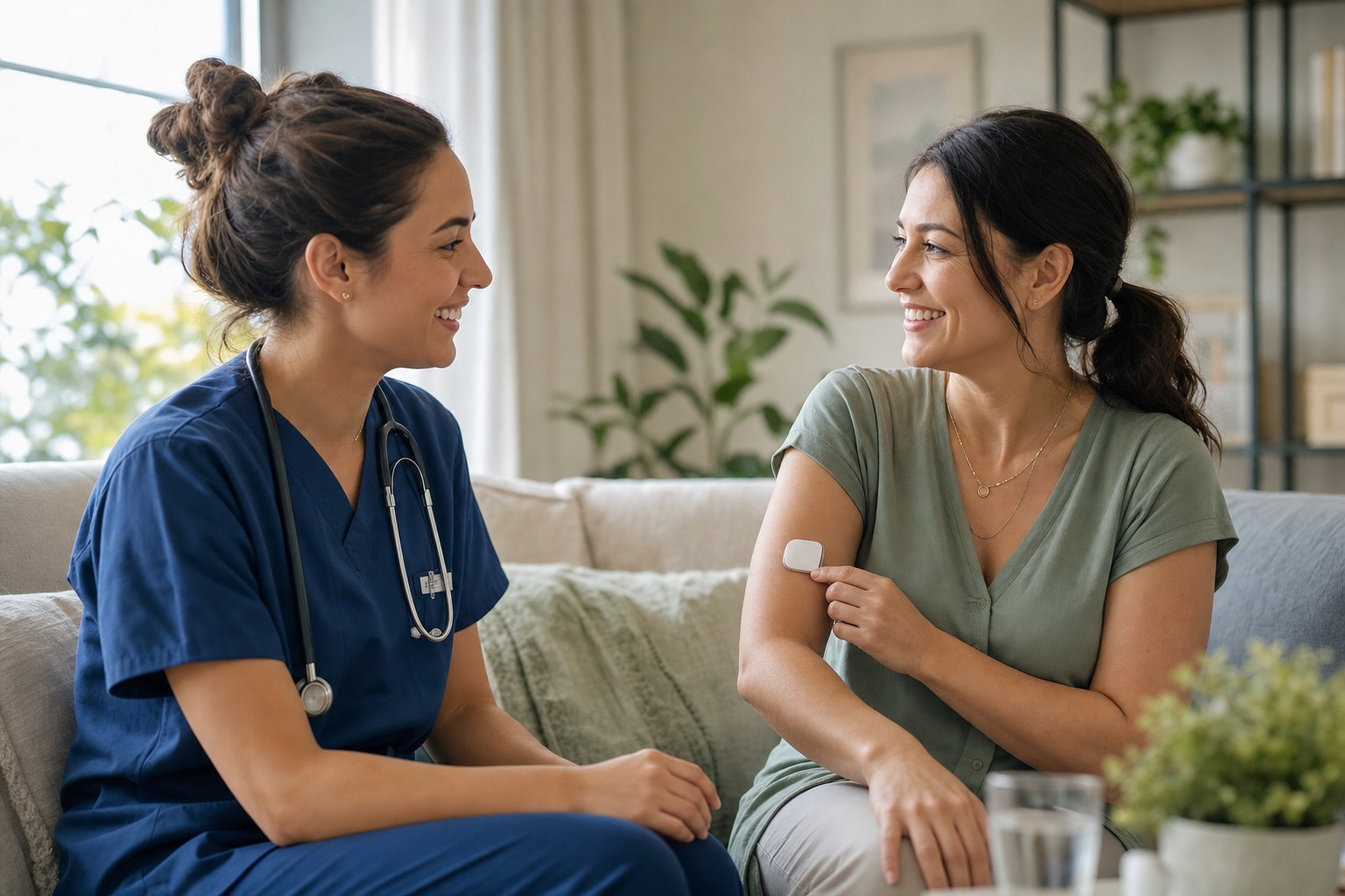 Quantify nurse and patient sharing a warm moment at home, smart wearable patch visible on the patient's arm