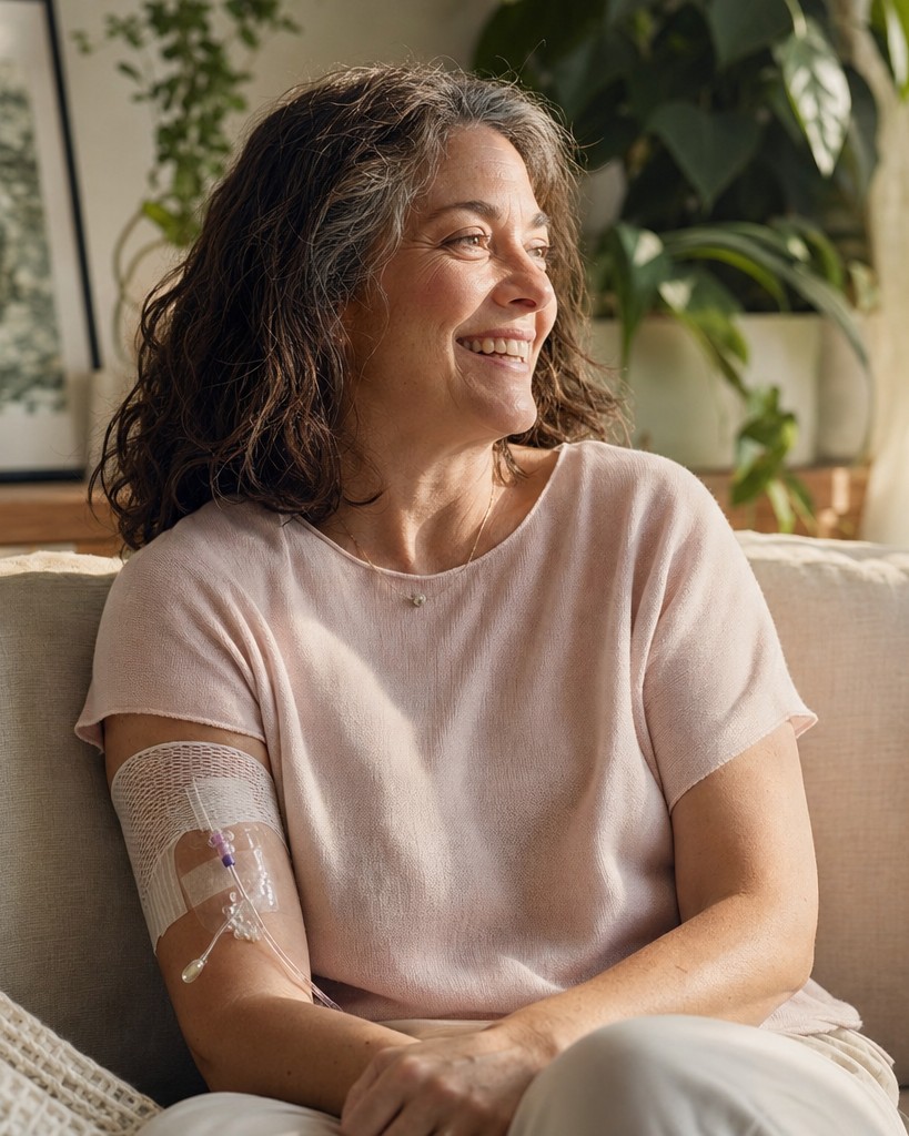 Quantify oncology patient at home, laughing during a virtual nurse check-in, PICC line visible on her upper arm