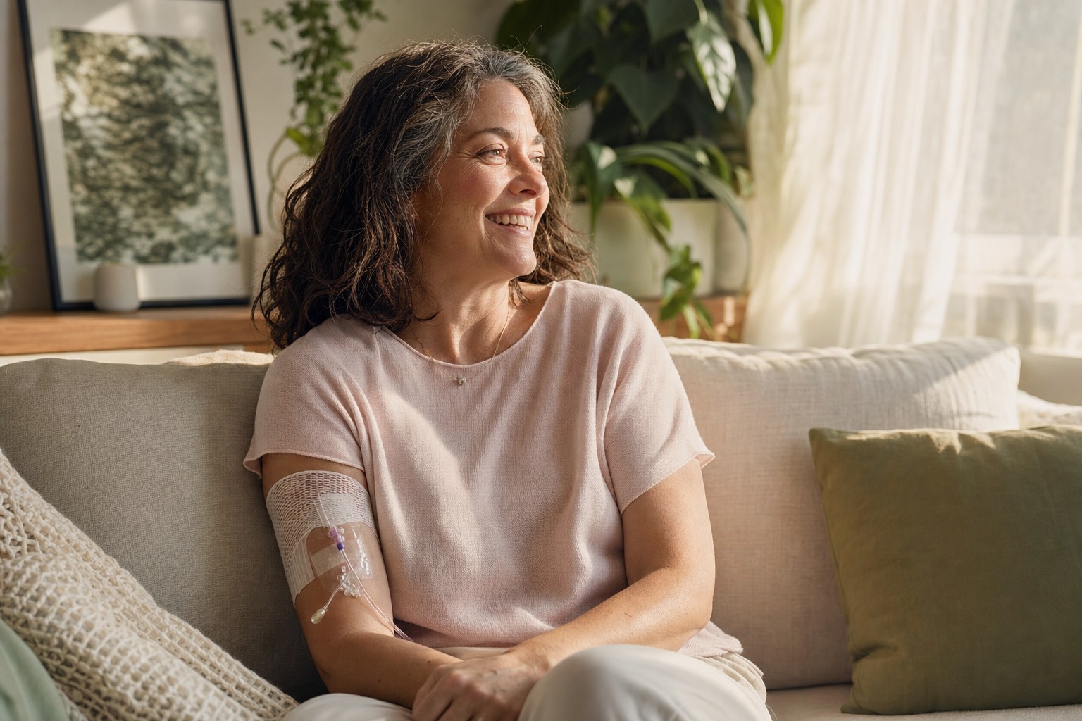 A QSC member at home post-infusion, calm and supported, while a nurse is on the other end of the line
