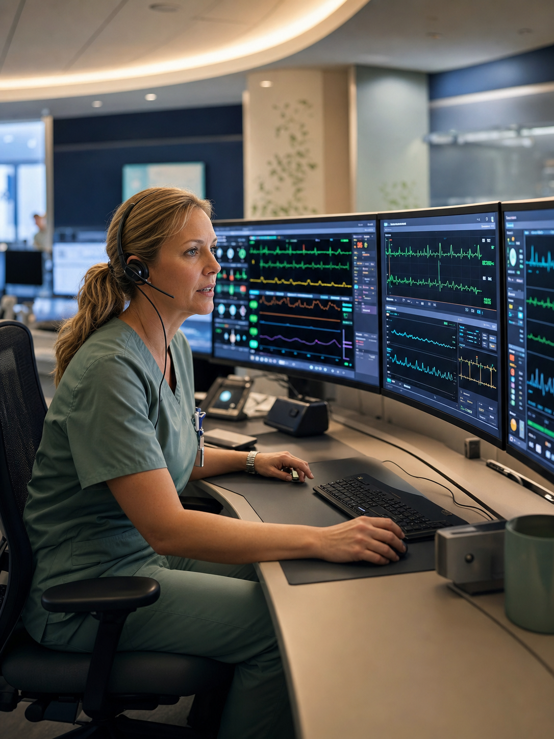A licensed registered nurse at the QSC Virtual Command Center, headset on, monitoring patient vitals and infusion telemetry across three screens