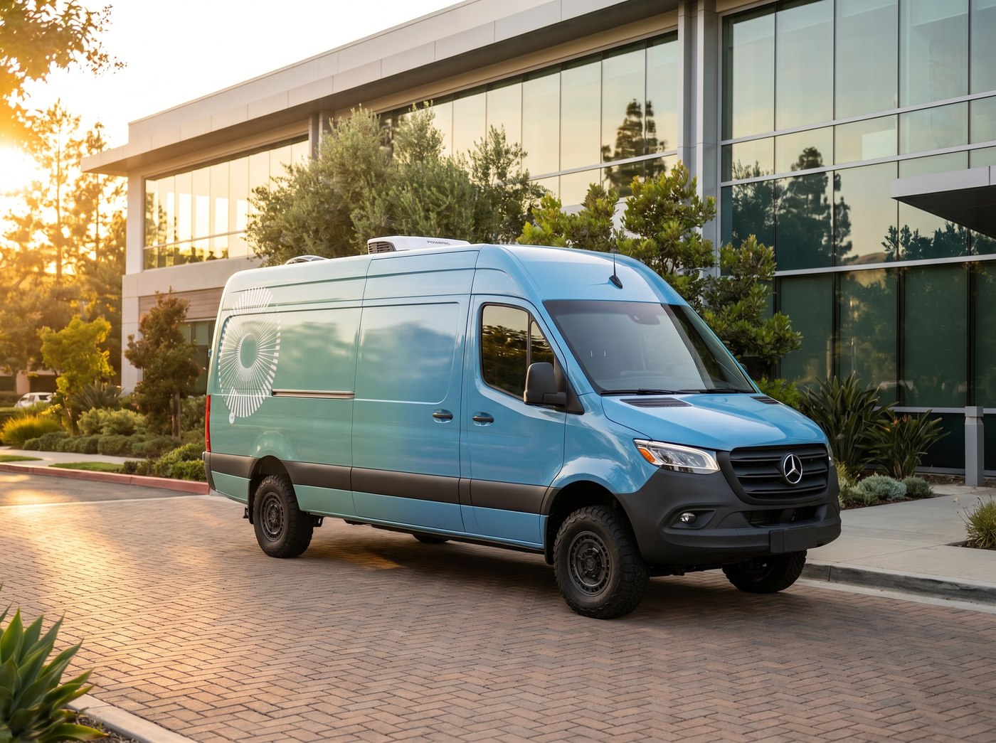 Quantify Specialty Care mobile infusion van parked outside a modern healthcare facility